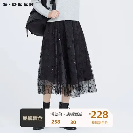 sdeer女装2020冬季新款绣花串珠亮片网纱复古长裙S20461111😘图片