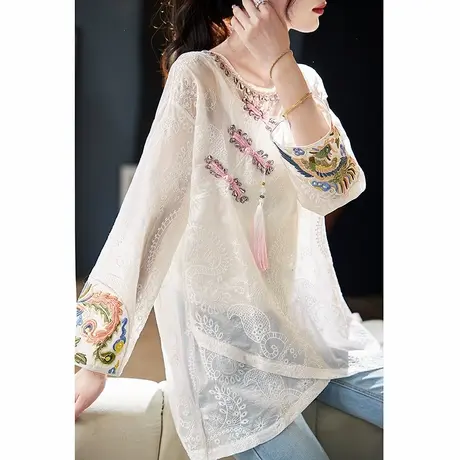 宝诗黎国风重工钉珠刺绣拼接雪纺衫2025春季气质新中式宽松薄衬衣商品大图