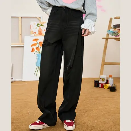 a02个性破洞做旧设计宽松拖地裤2025春季纯色休闲百搭女式牛仔裤商品大图