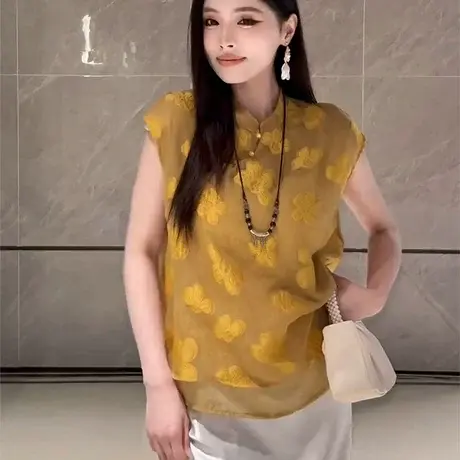 新中式国风提花盘扣无袖背心衬衫女2025夏季新款时尚气质百搭衬衣图片