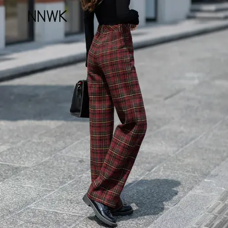 安可拉红加厚毛呢格子休闲裤女2025新款春秋加绒今年流行阔腿裤子商品大图