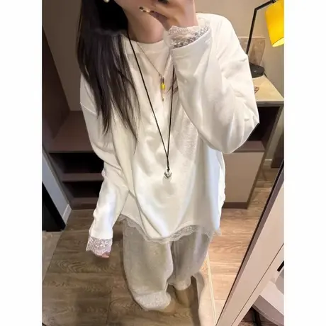 韩系高级感蕾丝花边长袖T恤女春秋宽松纯棉打底衫内搭可外穿上衣商品大图