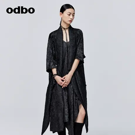 odbo 原创设计暗黑风街头黑色风衣外套女秋季新款时尚百搭商品大图
