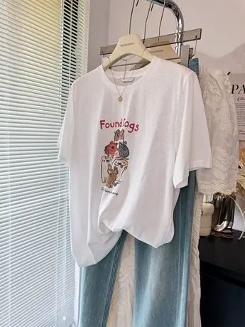 韩版时髦卡通印花正肩宽松显瘦凉爽雪花棉白色短袖T恤女薄上衣夏商品大图