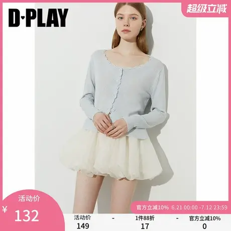 DPLAY【惠品】2025年夏季新款蓝色针织衫女蕾丝花边开衫上衣长袖商品大图