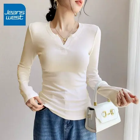 KV真维斯v领长袖T恤女2025新款春夏季穿搭时尚收腰显瘦女士打底衫图片