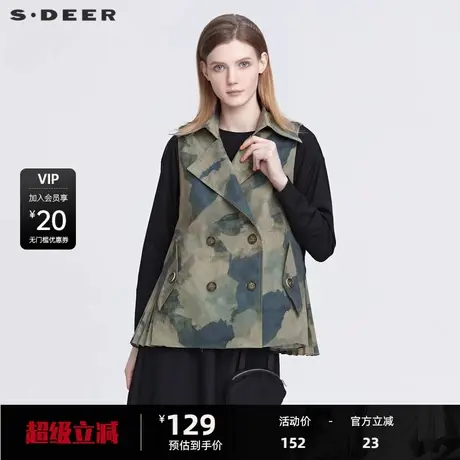 sdeer圣迪奥女装个性翻领双排扣抽褶无袖马甲S22181601商品大图