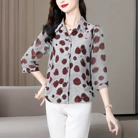 七分袖雪纺衬衫女夏季2025新款时尚印花波点妈妈上衣宽松显瘦小衫图片