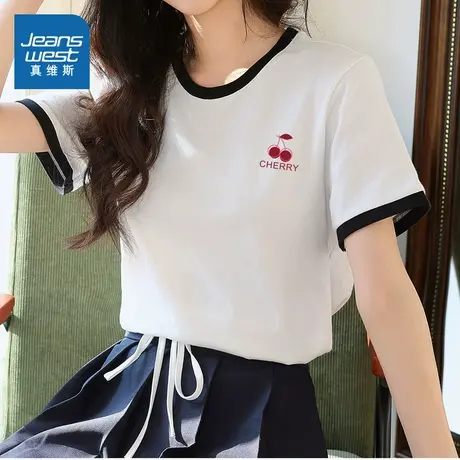 YD真维斯女装2025夏季新款简约百搭黑边时尚设计纯棉针织短袖T恤商品大图