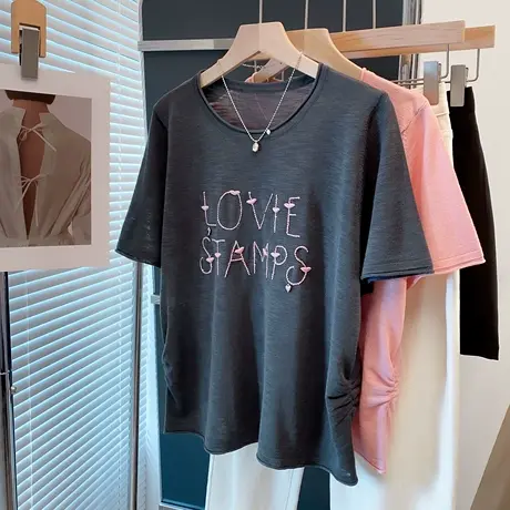 绣花圆领抽褶针织衫女2025夏装新款宽松慵懒风上衣薄短袖T恤衫潮图片