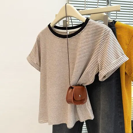 韩系高级感条纹短袖T恤女夏季2025新款宽松显瘦韩版圆领半袖上衣图片
