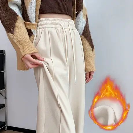 羊毛蚕丝窄版糯米裤子女秋冬2024新款高腰宽松垂感休闲加绒阔腿裤商品大图