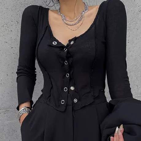 2022年春装新款女人味按扣修身显胸大长袖T恤女开衫紧身性感上衣图片