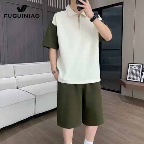 富贵鸟短袖套装男士半拉链Polo衫夏季新薄款休闲运动短裤男两件套图片