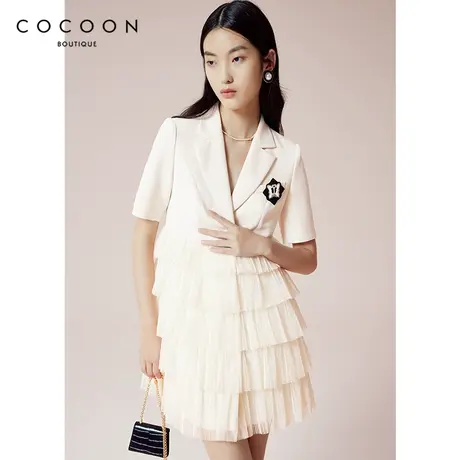 COCOON商场同款时尚裙子2023春新款女简约拼接网纱设计短款连衣裙商品大图