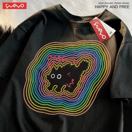 悦游 迷幻线条 梦幻彩色惊吓猫落肩短袖T恤纯棉夏季宽松潮流商品大图