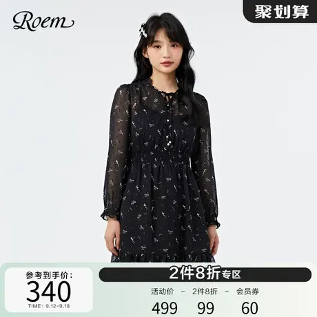 Roem春秋新品雪纺印花长袖碎花连衣裙黑色淑女气质优雅裙子女图片