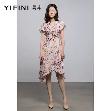 Yifini/易菲荷叶边V领短袖连衣裙女夏季新款真丝桑蚕丝连衣裙图片