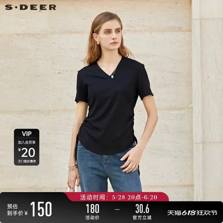 sdeer圣迪奥女装V领斜襟抽绳拼接短袖T恤S23280120图片