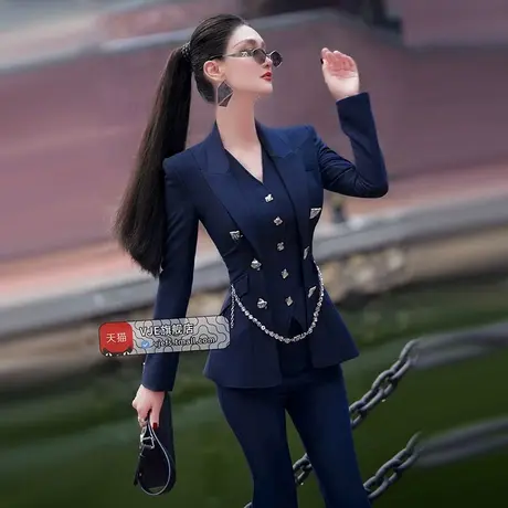 VJE秋季气质西装套装新款职场通勤OL西服高腰喇叭裤两件套商品大图