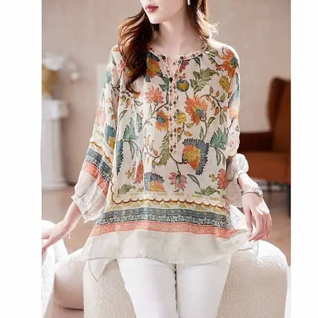 宝诗黎V领蕾丝印花苎麻衬衫2025春季洋气减龄别致休闲大码衬衣女商品大图