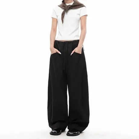 美式抽绳松紧腰宽松垂感阔腿裤女2025夏季新款设计感休闲弯刀裤商品大图