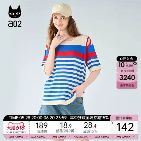 a02条纹宽松短袖T恤女2025新款夏季圆领落肩袖镂空设计感甜美上衣商品大图