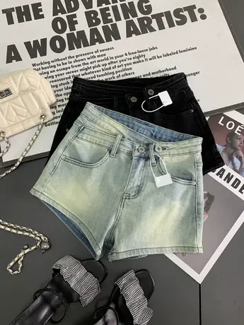 韩版复古磨白不规则牛仔短裤2024春夏新款显瘦百搭弹力包臀阔腿裤商品大图