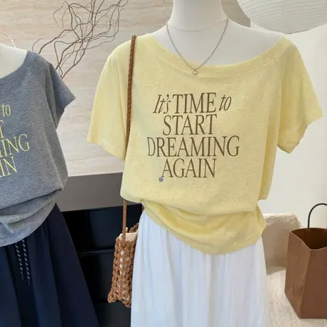 夏季新款简约字母印花落肩薄款短袖t恤女宽松防晒斜肩设计感上衣商品大图