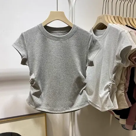 褶皱收腰短袖T恤女夏季修身韩版短款小个子正肩甜辣chic别致上衣图片