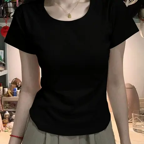 美式辣妹正肩短袖t恤女夏季纯棉修身大码超好看漂亮多巴胺上衣ins图片