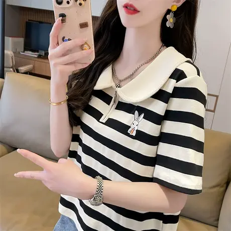 翻领polo衫小个子短袖t恤女夏季韩版宽松大码女装条纹短款上衣服图片