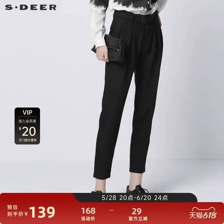 【sdeer奥莱】圣迪奥女装休闲系带压褶插袋黑色九分裤S21360812图片