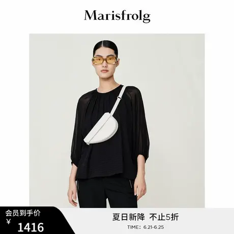 【桑蚕丝】玛丝菲尔夏季新款百搭七分袖高级感法式气质黑色T恤图片