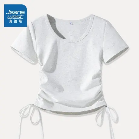 NOB真维斯浅灰色正肩短袖t恤女2025新款夏季抽绳短款修身收腰上衣图片