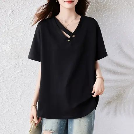 短袖t恤女夏季新款加肥加大码女装宽松中长款遮肚显瘦V领半袖体恤图片