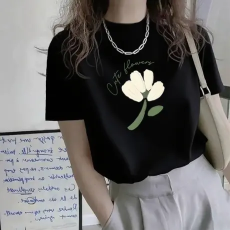 黑色正肩短袖t恤女2025新款夏季爆款设计感洋气纯棉半高领上衣ins商品大图