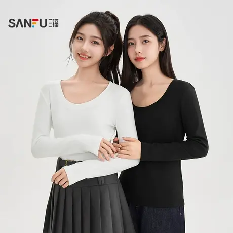 三福长T恤2025冬季U型领薄绒内里保暖打底衫上衣女装503968商品大图