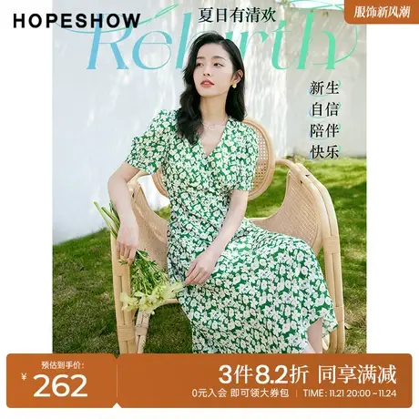 红袖outlets设计感打揽收腰连衣裙hopeshow2022夏季泡泡袖印花裙商品大图