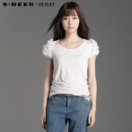 s.deer【上新】sdeer圣迪奥女纯色立体花朵点缀T恤4280133图片