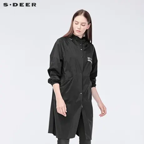 sdeer圣迪奥休闲潮流高领连帽撞色字母松紧收口纯黑风衣S19181812图片