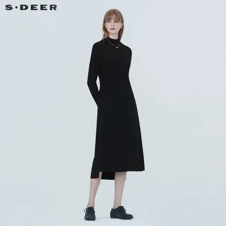 sdeer圣迪奥女装冬季优雅圆领两件套收腰黑色针织连衣裙S20483526图片