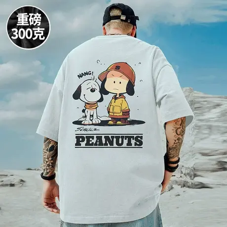 300g重磅2025新款美式短袖t恤卡通大码圆领纯棉潮牌白色情侣半袖商品大图