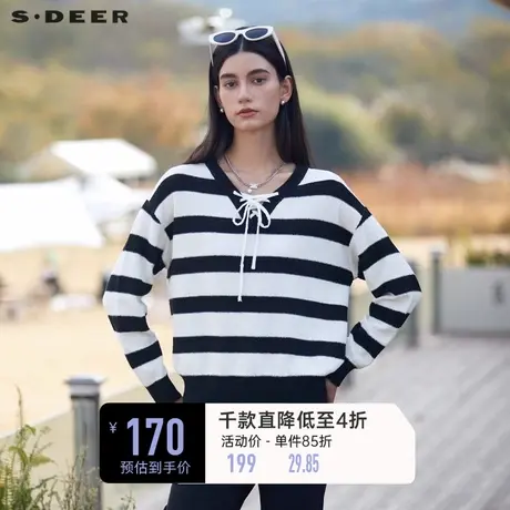 sdeer圣迪奥女装春装法式文艺V领系带条纹撞色针织衫S24163502图片