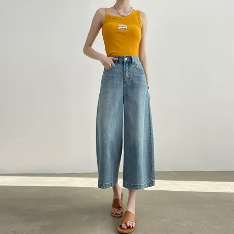 七八分蓝色阔腿牛仔裤女2025年春夏季薄款小个子垂感宽松直筒裤子商品大图