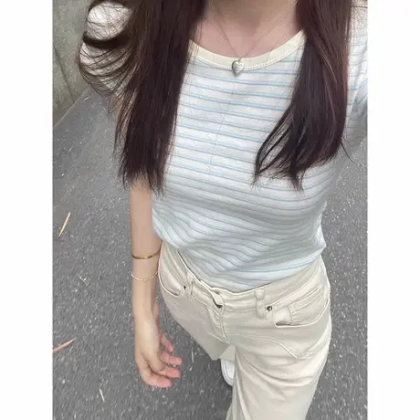 韩系高级感条纹短袖T恤女夏季2025新款修身韩版短款小个子上衣潮图片