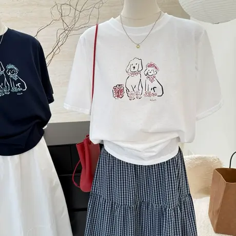 卡通小狗印花圆领短袖t恤女夏季新款韩系设计感宽松休闲体恤上衣商品大图