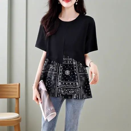 大码女装t恤2025夏季新款时尚宽松黑色圆领钉钻印花拼接短袖上衣图片