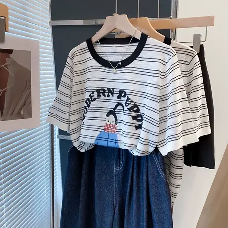 条纹提花圆领针织衫女2025夏装新款宽松慵懒风上衣短袖薄t恤衫潮图片