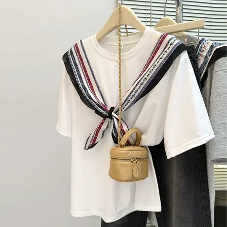 设计感小众披肩短袖T恤女夏季宽松韩版显瘦百搭假两件半袖上衣服商品大图